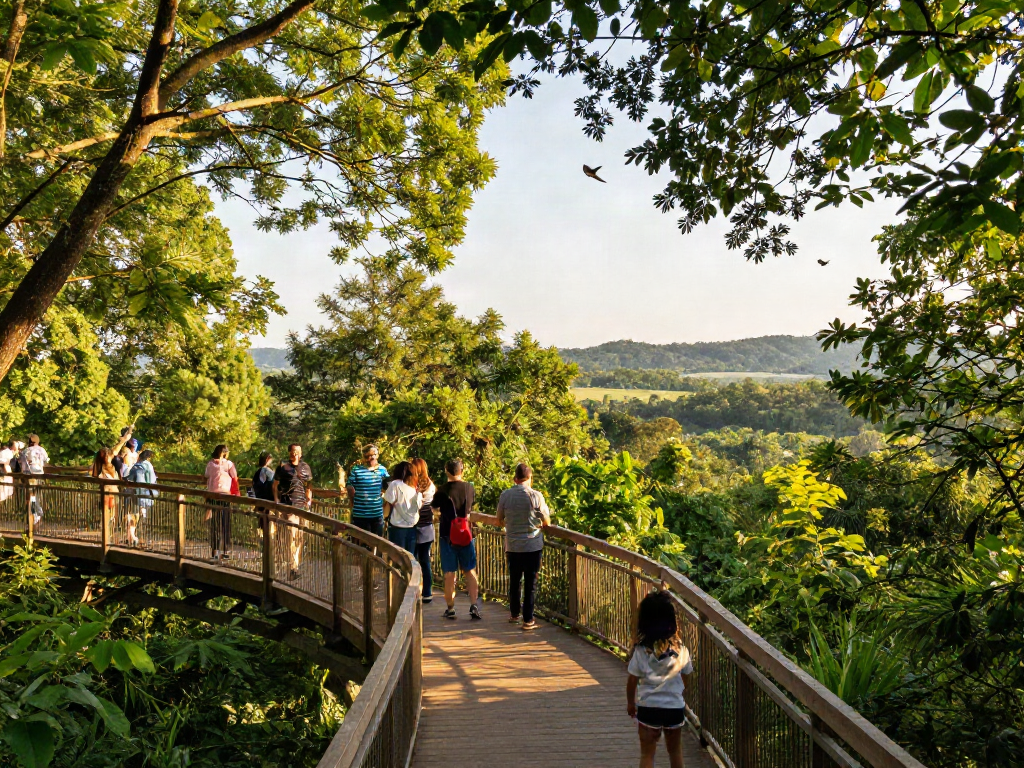 Treetop Walkway showcasing visitors enjoying elevated forest views amidst greenery during golden hour.
