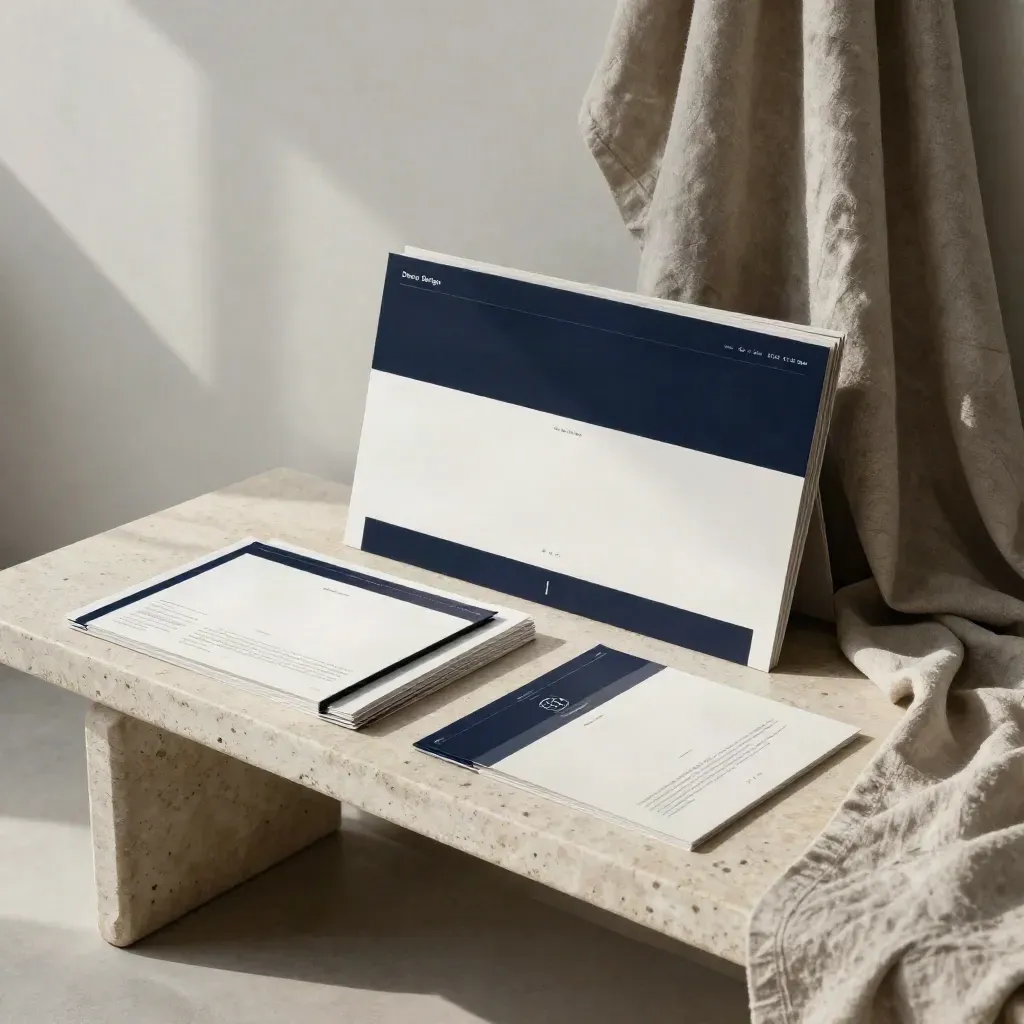 Identity folder and website mock panels on a stone bench with linen drape and navy accent.