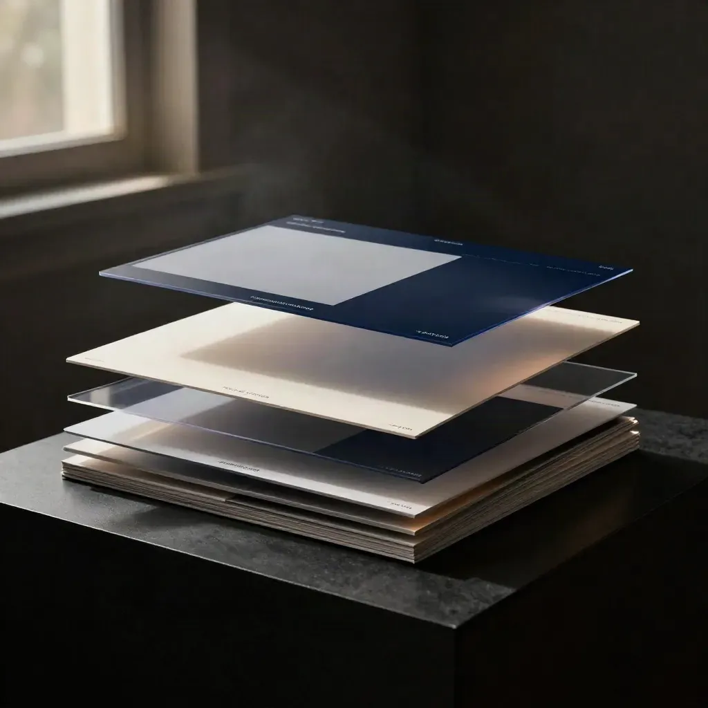 Layered website UI mockups with translucent overlays on a dark studio plinth.