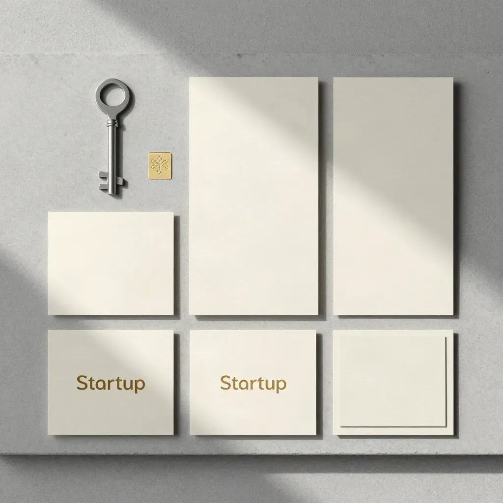 Overhead flatlay of a startup logo suite with ivory cards and emboss samples on pale concrete.
