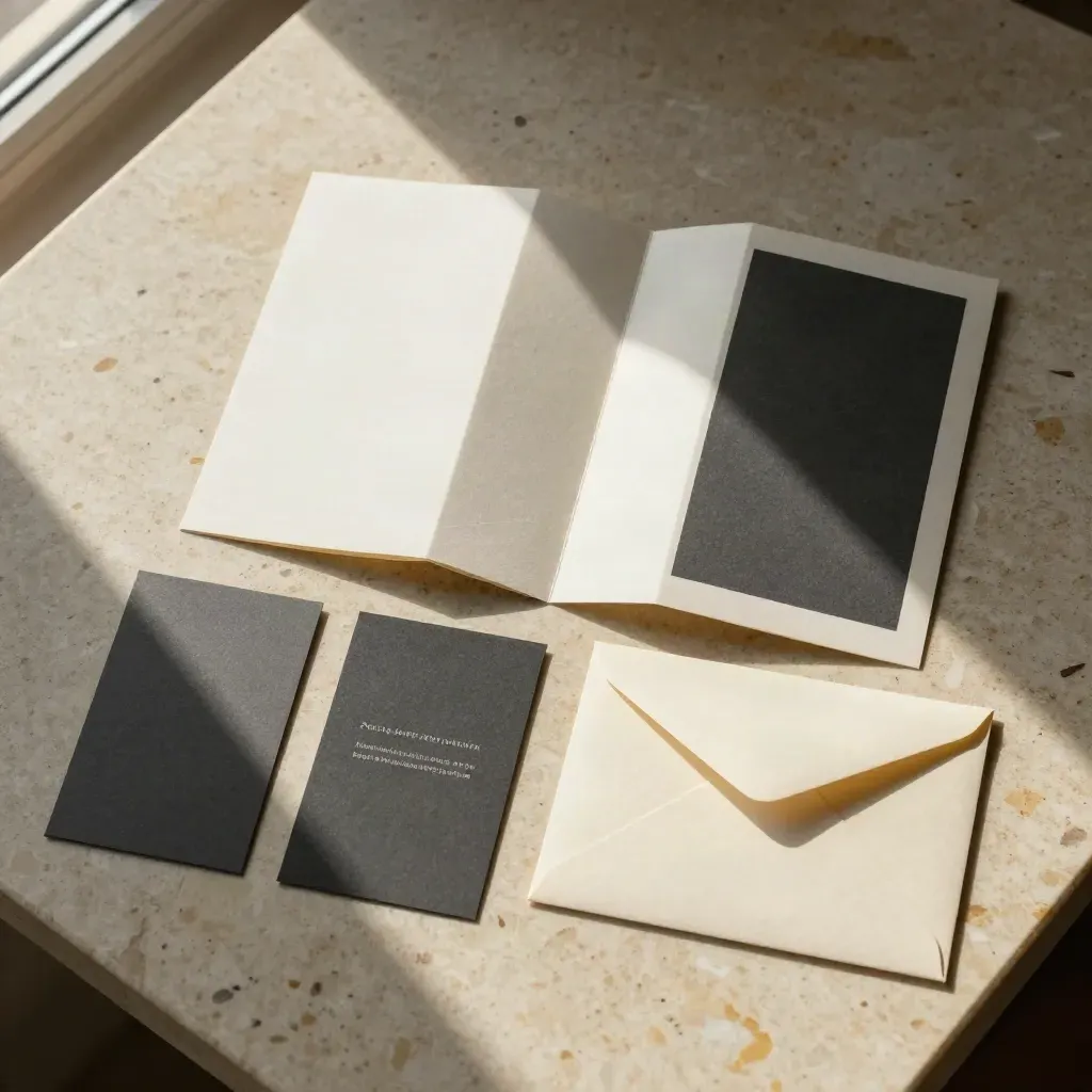 Overhead flatlay of brochures, cards, and envelope mockups on travertine with soft light.