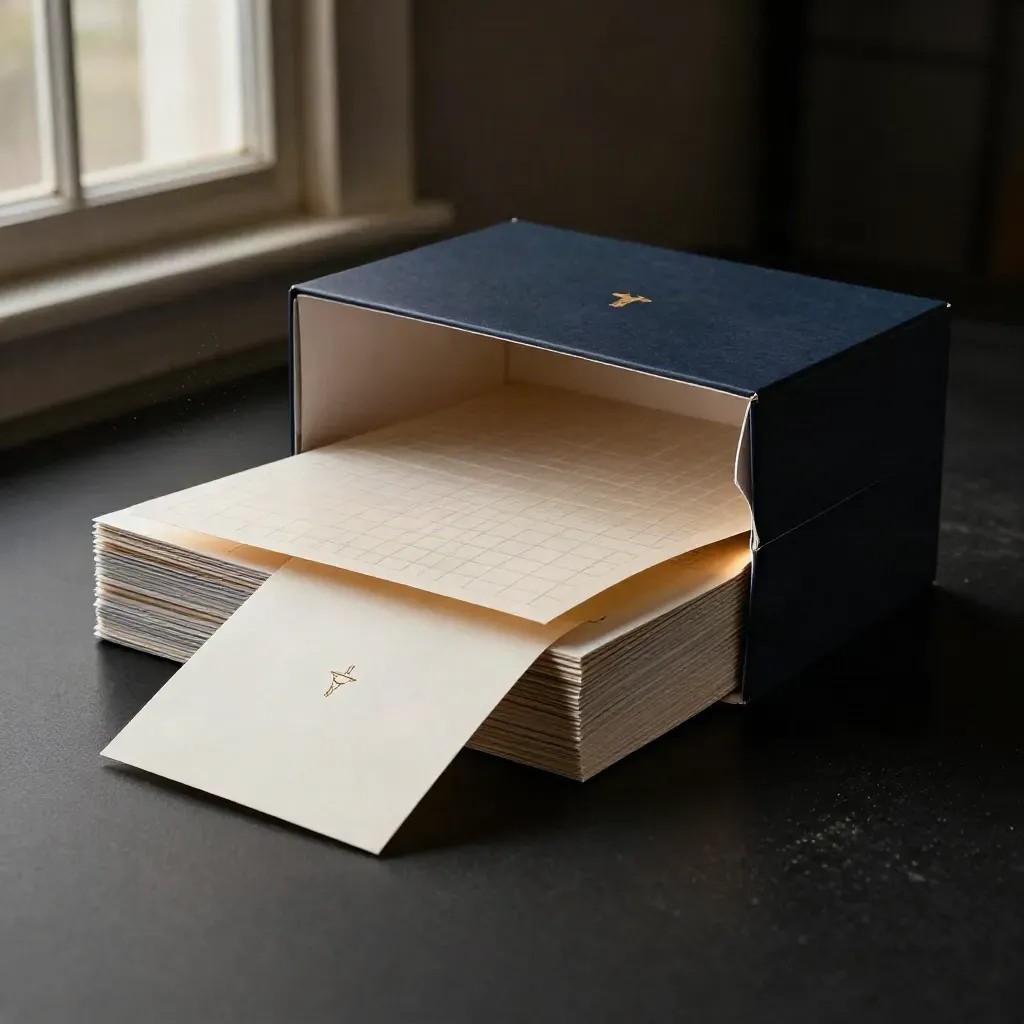 Open brand system box with color chips, grid boards, sleeves, and divider card on a dark studio bench.