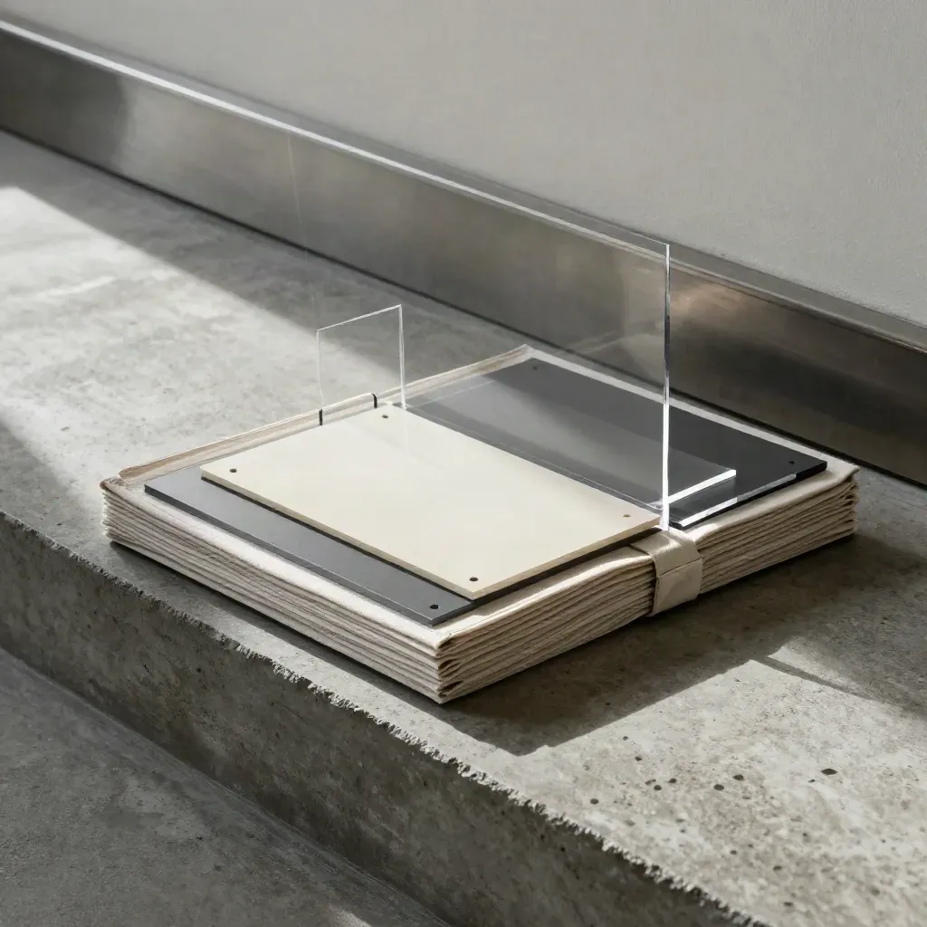 Store sign kit pieces on concrete, lit by a hard beam with drifting dust and a tense install feel.