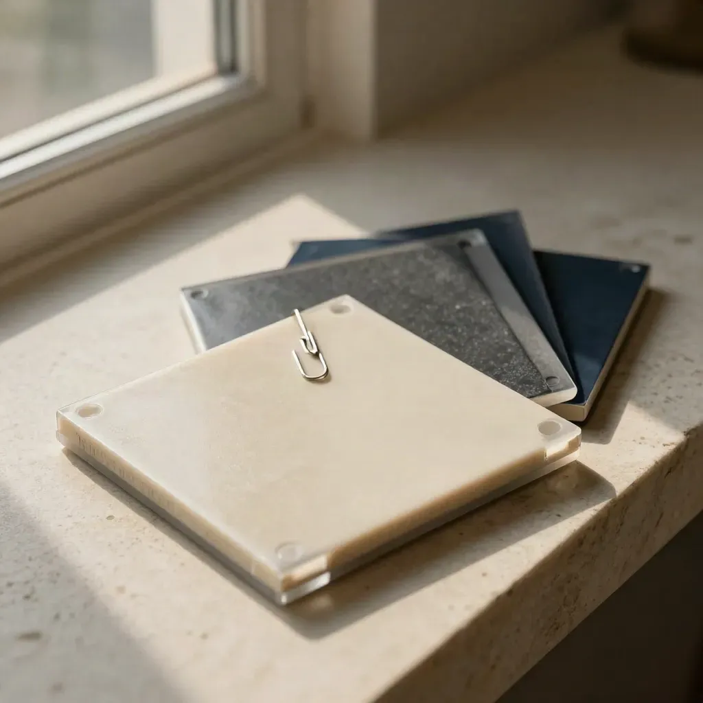 Square mock tiles with acrylic spacers and a paper clip on a pale stone ledge in soft warm light