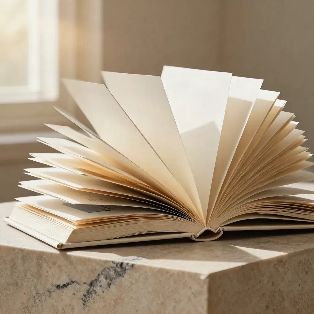 Ivory pitch deck folio opened wide on limestone, with layered dividers and soft studio light.