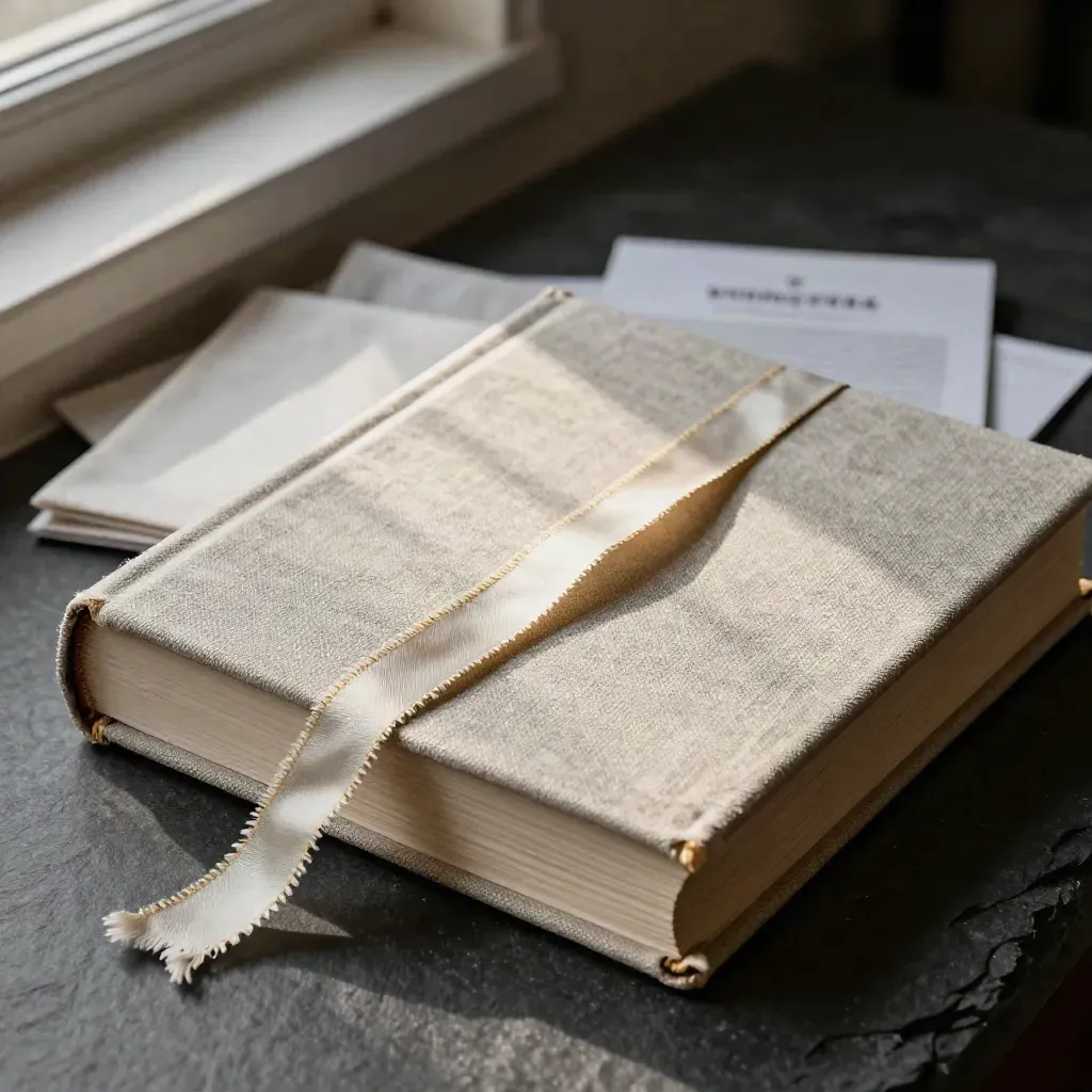 Half-open linen style guide book with ribbon on charcoal slate, softly lit from above.