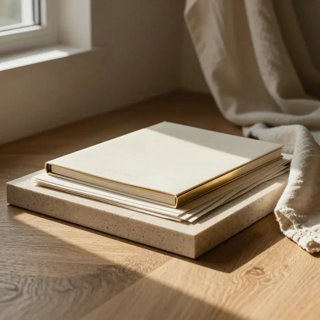 Sunlit oak studio corner with travertine plinths, brass edge, linen drape, and brand identity materials.