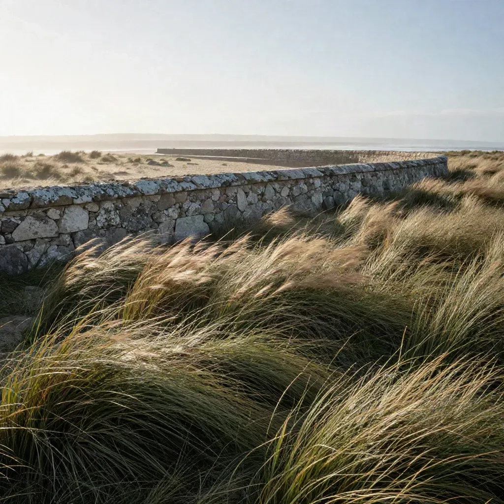 Coastal stone terrace with wind-brushed grasses, bright sky, and misty horizon.