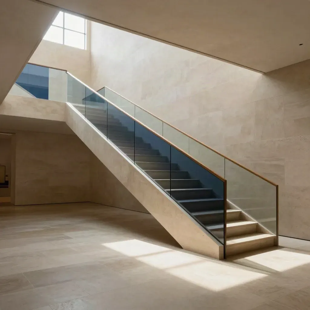 Sunlit limestone corridor with angled stair, glass, and calm copy space below.