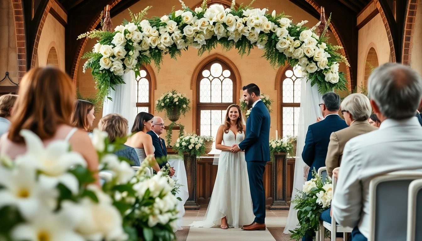 Captivating scene of a couple at a Jacksonville Wedding Venue exchanging vows under a floral arch.