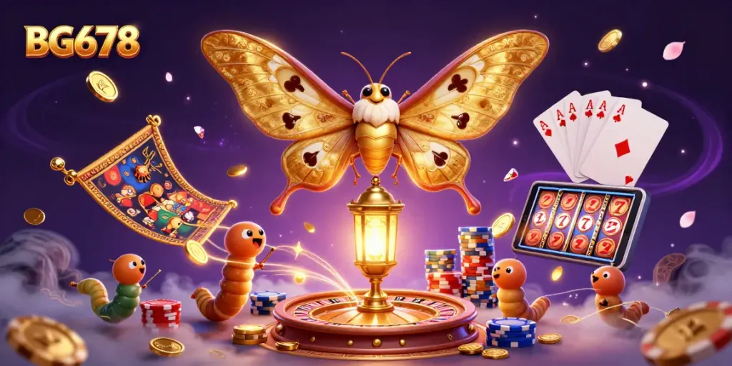 Experience thrilling gaming action with BG678's vibrant casino scene featuring a majestic moth and dynamic games.