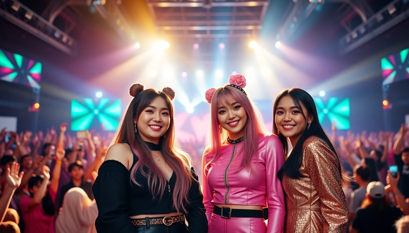 Blackpink members Jisoo, Jennie, Rosé, and Lisa celebrating at a concert together.