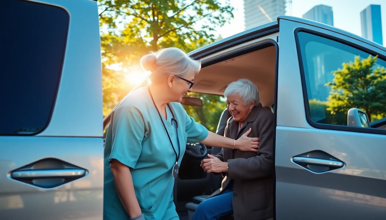 Elderly transportation services showcased through a caregiver assisting a senior person into a vehicle.
