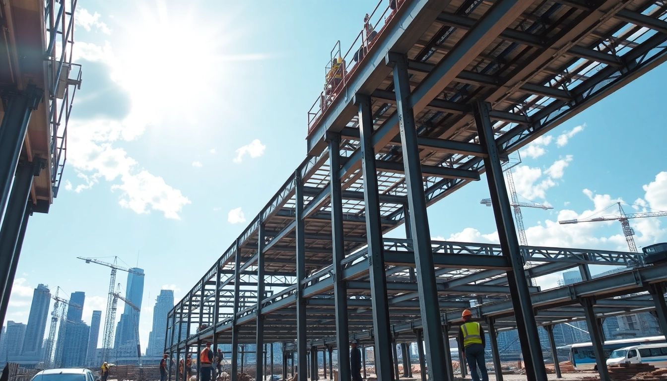 Visual representation of structural steel construction with workers and city skyline.