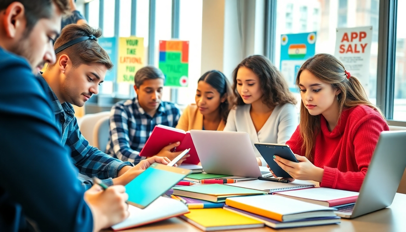 Students immersed in exam preparation activities in a vibrant study environment.