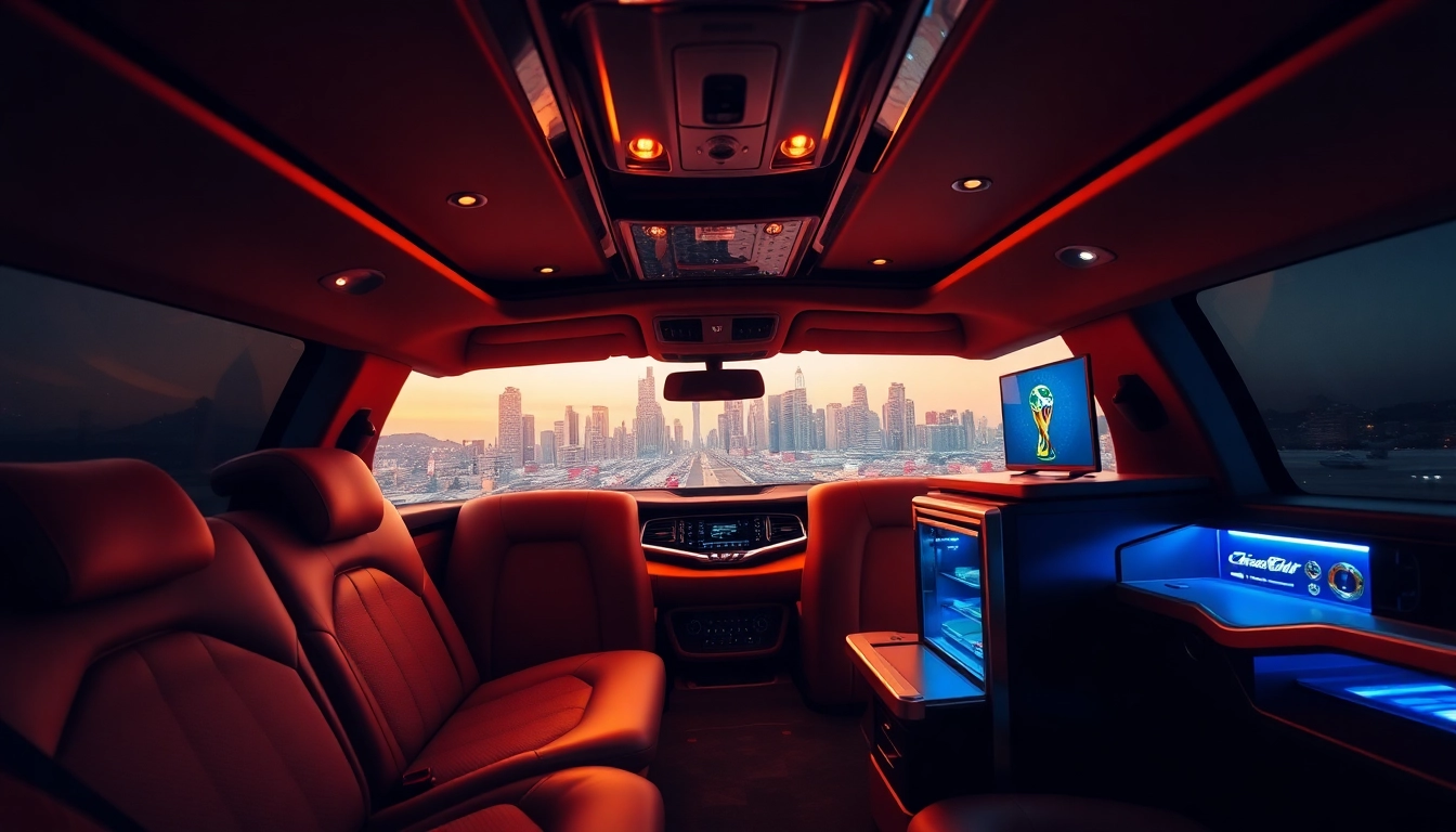 World Cup Group Transportation in a luxury limousine featuring elegant leather seating and ambient lighting.