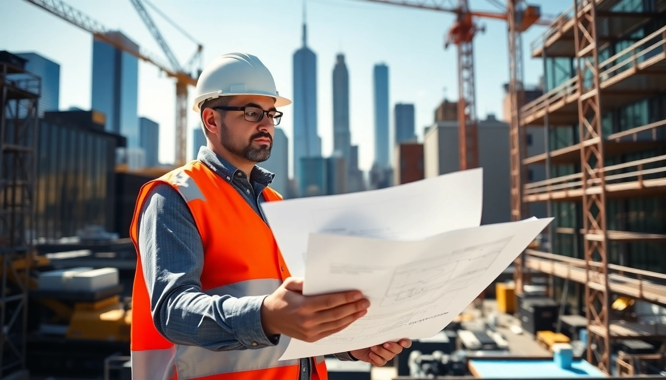 New York Construction Manager analyzing project plans at an active construction site.
