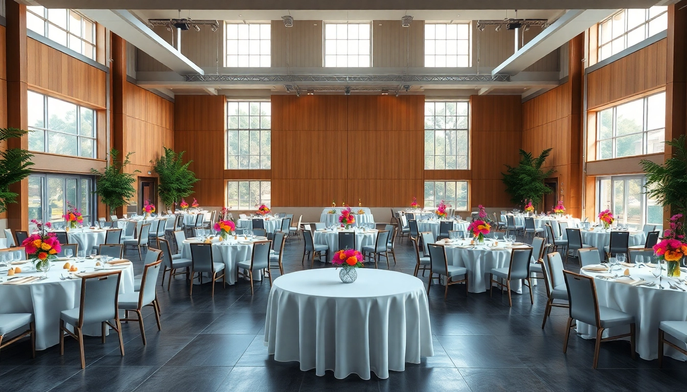 Raum für eventlocation in der nähe mit eleganter Dekoration und heller Beleuchtung.