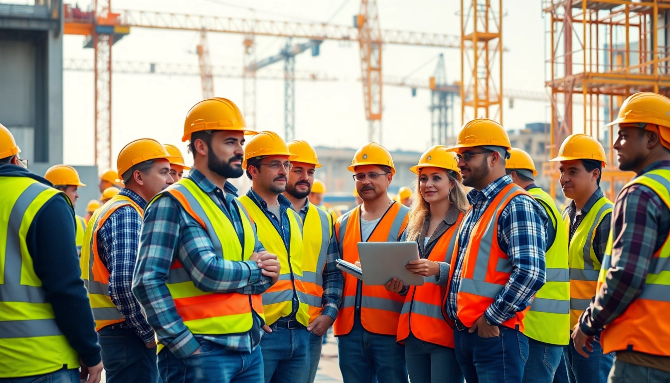 Showcase of construction workforce development with diverse workers at a construction site.