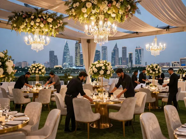 Event furniture rental setup featuring luxurious furniture and elegant décor for a stunning outdoor event in Saudi Arabia's vibrant skyline.