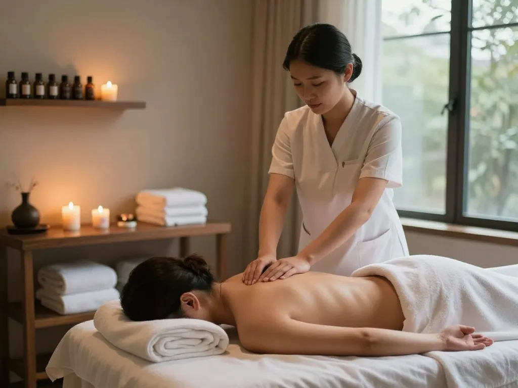 Relaxing session of 역삼동마사지 in a luxurious spa setting with soft lighting and calming decor.