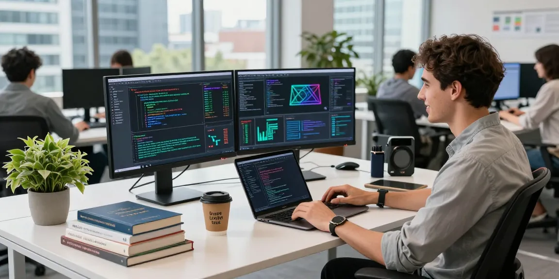 Innovative workspace highlighting crushon technology development with a developer coding on multiple monitors.