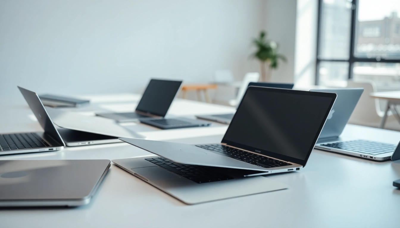 Laptopy zaprezentowane na nowoczesnym biurku, podkreślające ich funkcjonalność i estetykę.