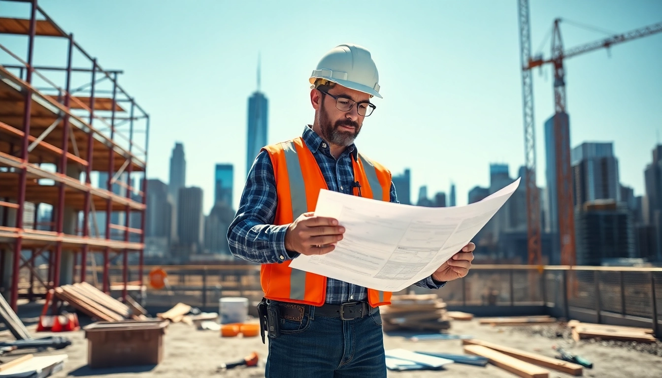 Manhattan General Contractor reviewing plans on a bustling construction site.