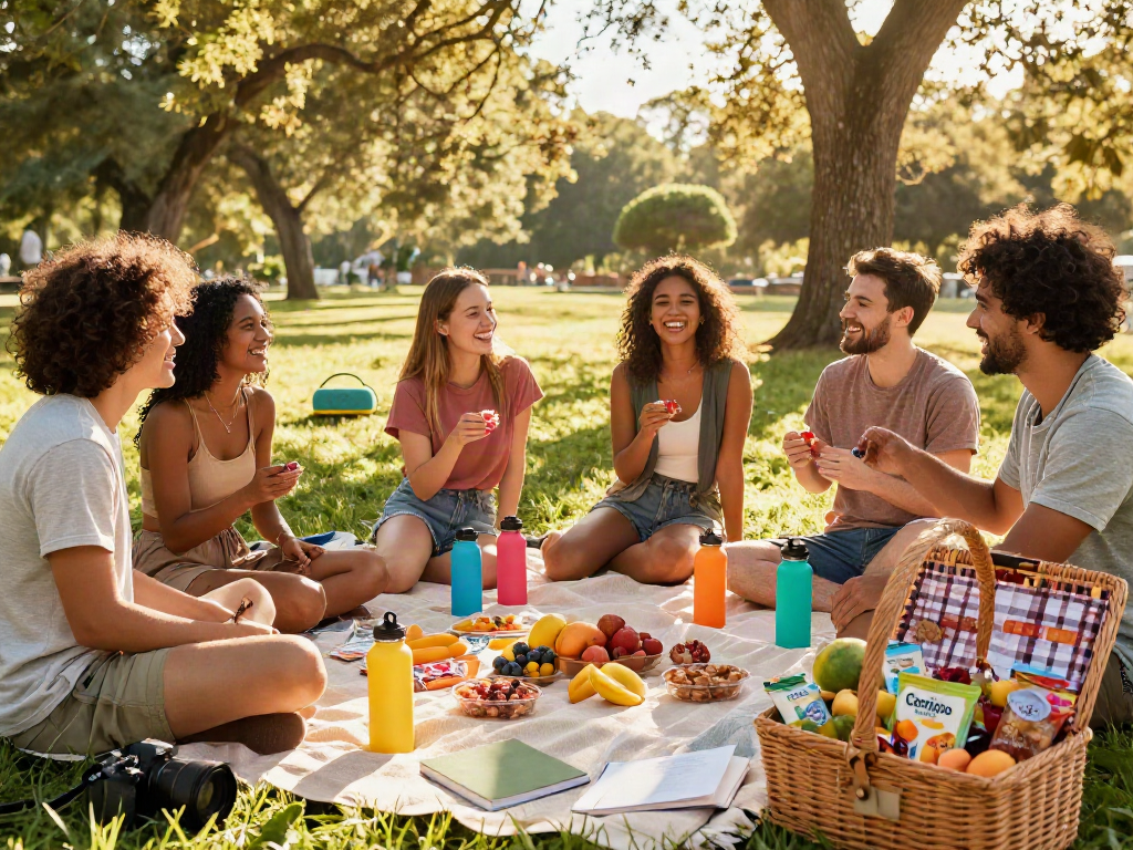 Friends sharing Camino gummies at a vibrant picnic in the park, enjoying healthy snacks and outdoor fun.