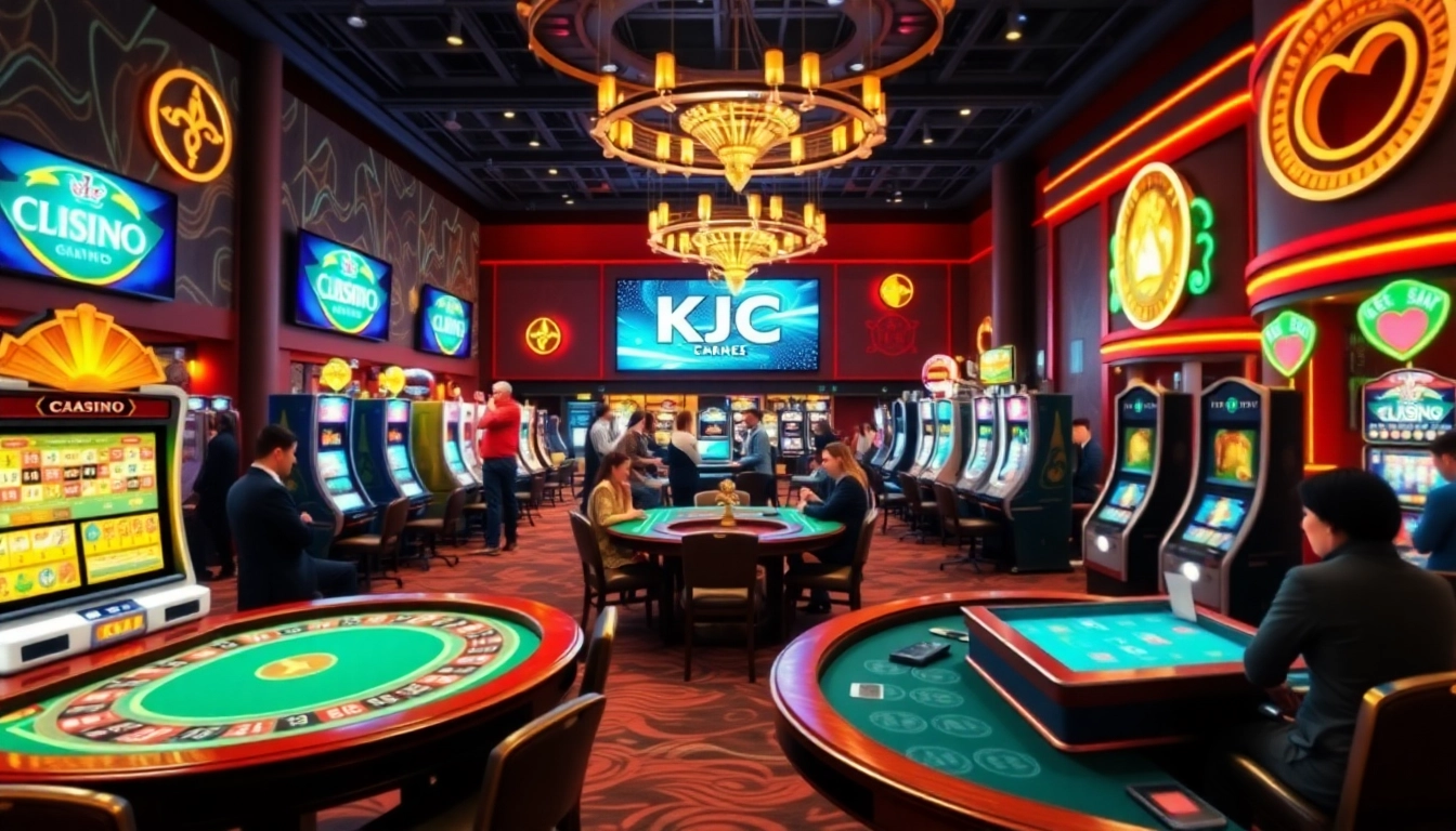 An engaging casino scene showcasing poker tables and slot machines, emphasizing KJC AC 3 for online gambling excitement.