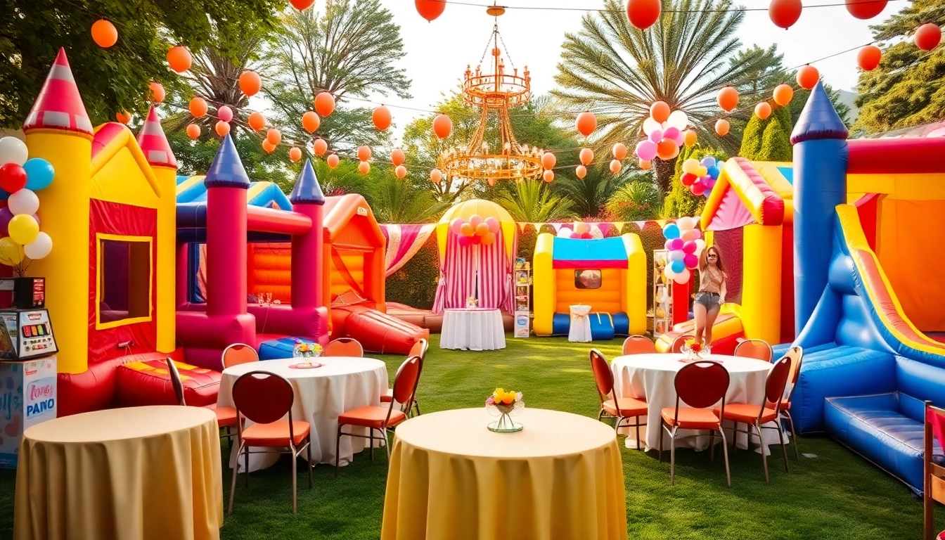 People enjoying Party Rentals setup with bounce houses, colorful tables, and festive decorations.