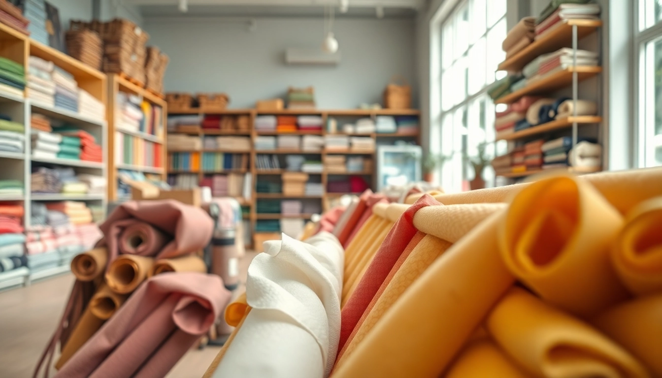 Katoen stof kopen met kleurrijke stofrollen in een uitnodigende textielwinkel.