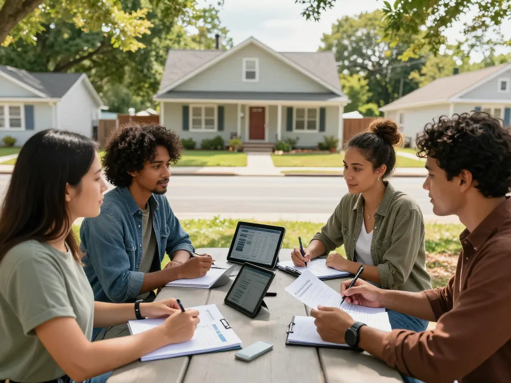 We buy houses for cash team discussing offers at a neighborhood house.