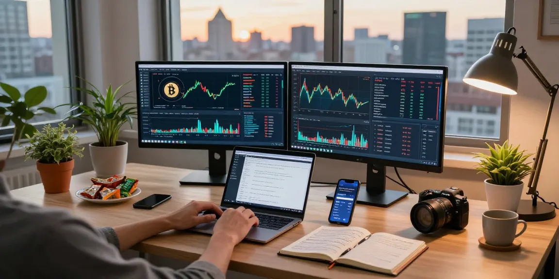 Trading in a cloud mining site environment with dual monitors showing cryptocurrency analysis, secure wallet apps, and financial planning tools.