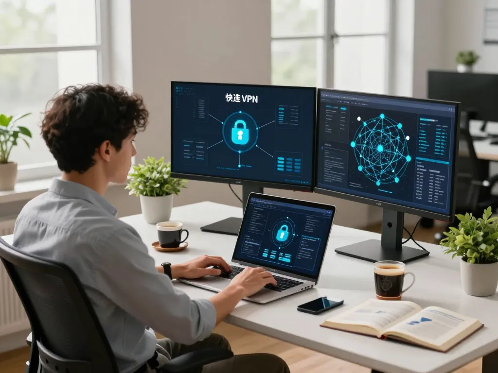 快连 VPN in a modern workspace promoting security and productivity with tech elements.