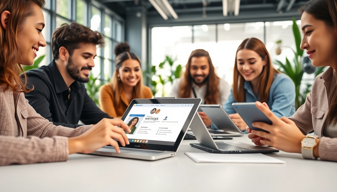 Team collaborating using enterprise assistant software in a modern office setting.