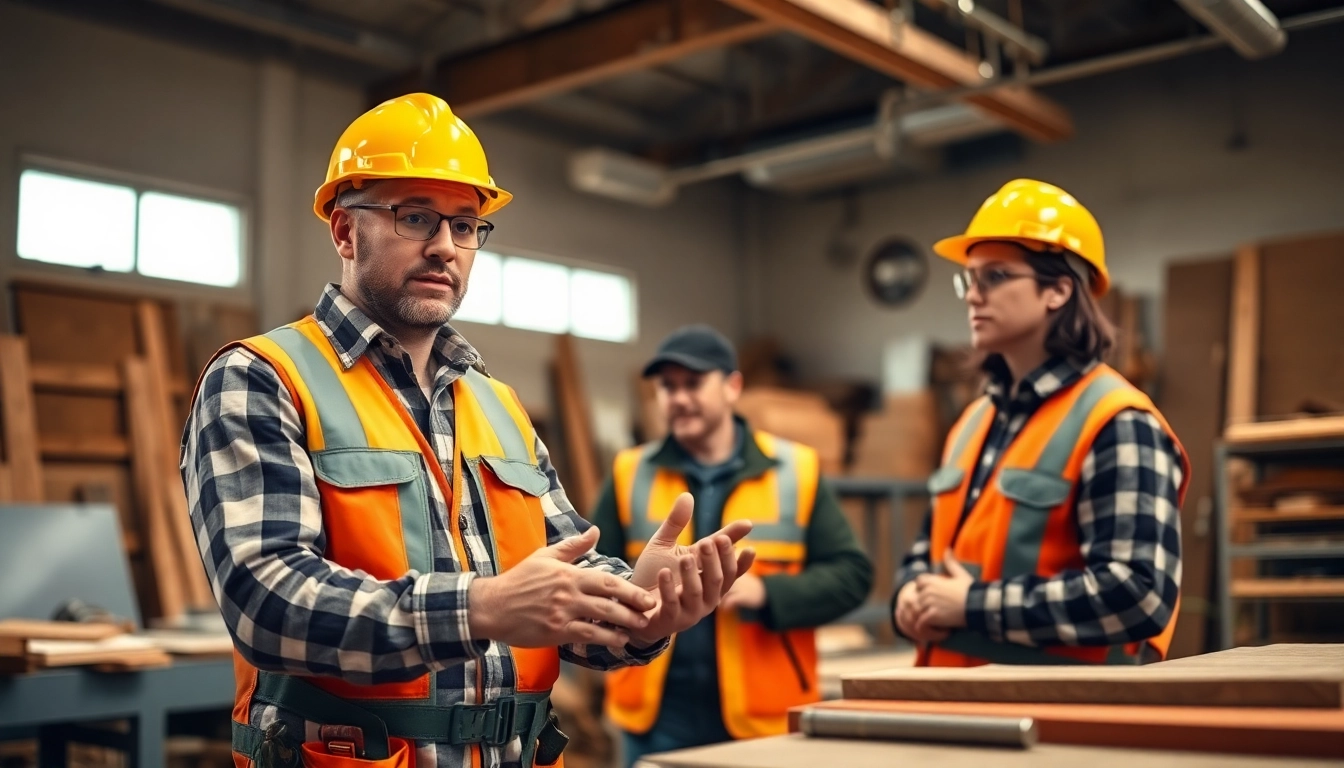Engaging scene of construction craft training with a trainer teaching practical skills to students.