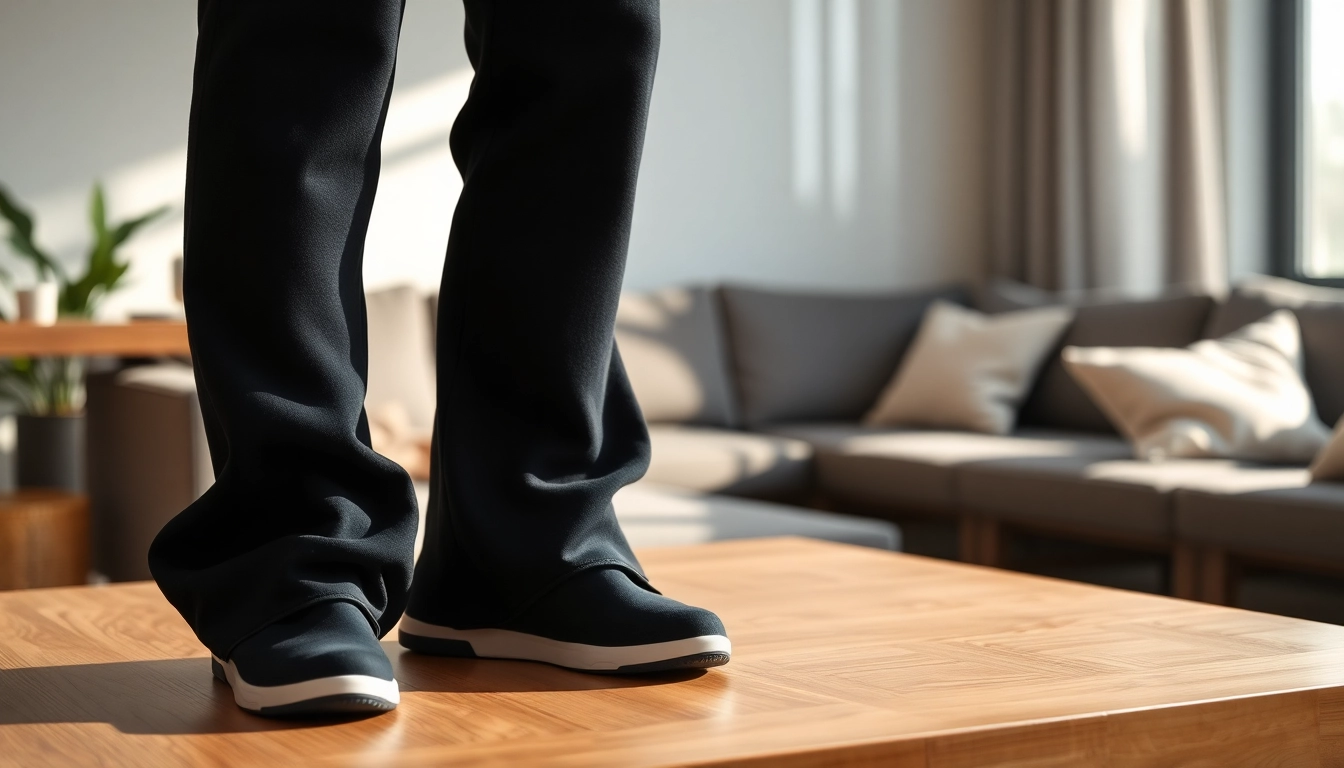 Black sweatpants showcased elegantly on a wooden table with natural lighting.