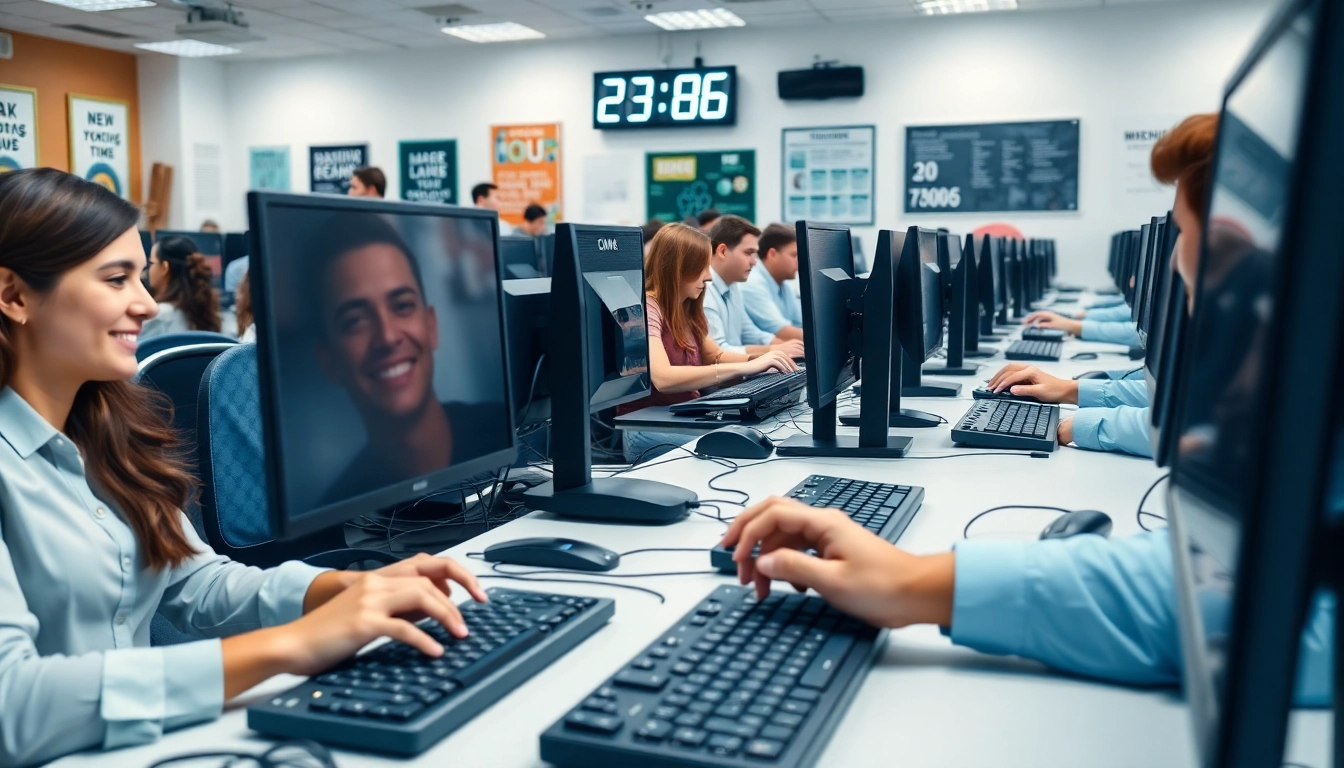 Typists in a vibrant typing center showcasing productivity and teamwork.