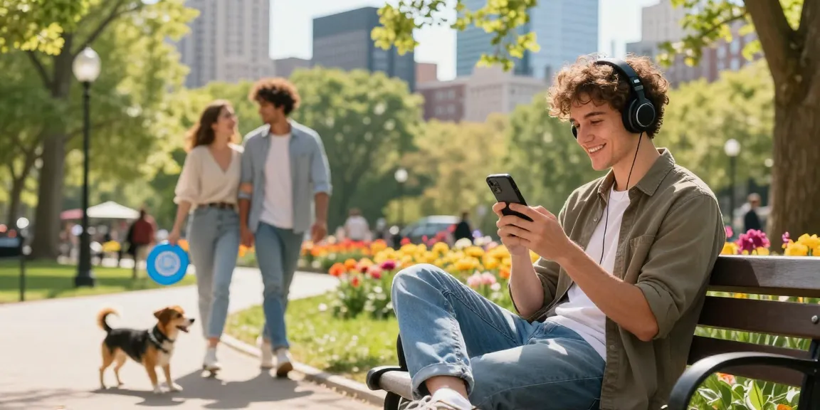 Engaging scene of a young man connecting with an AI girlfriend in a park, highlighting modern relationships.