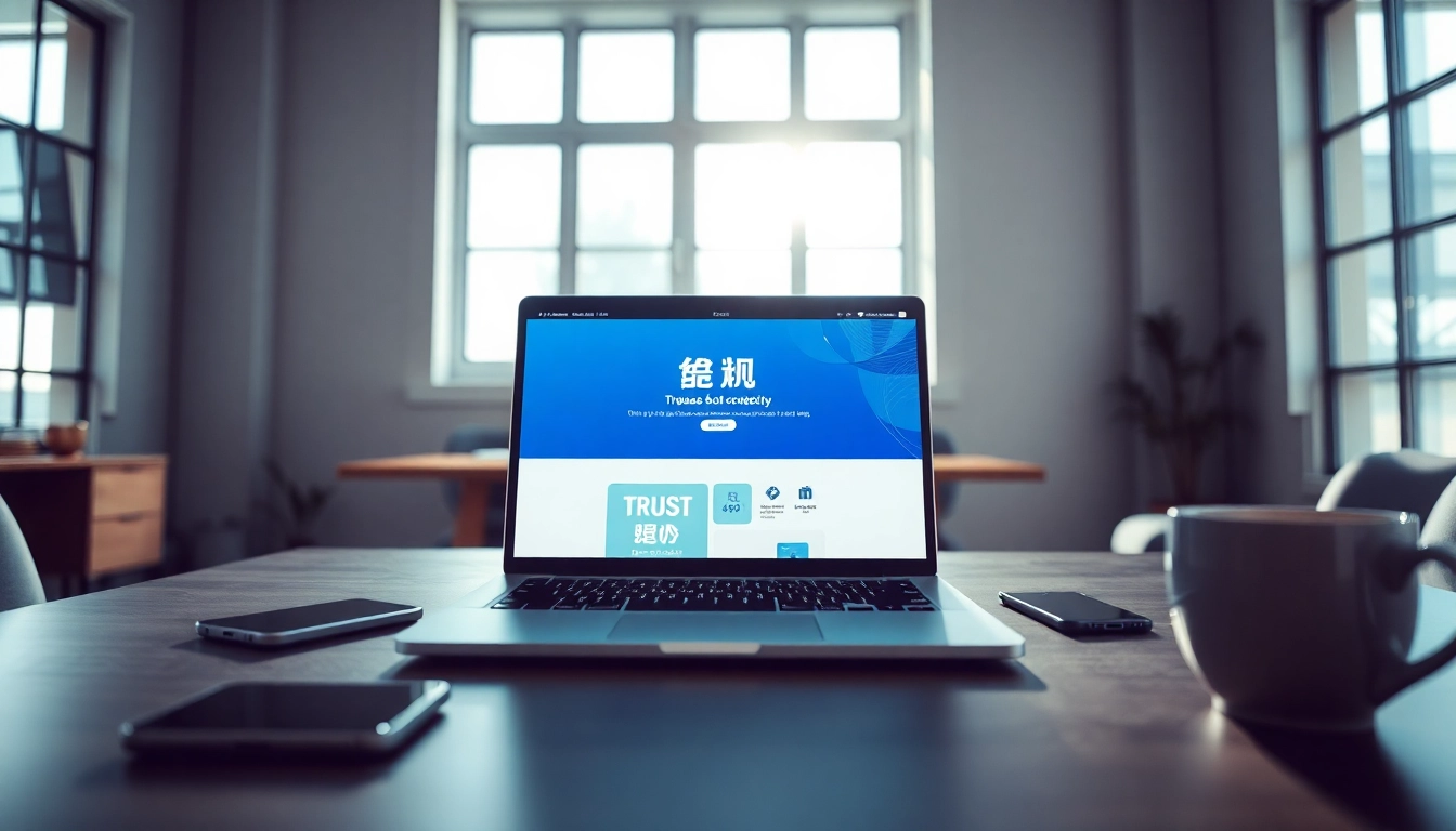 在明亮工作区的现代笔记本电脑上显示的快连官网，象征连通性与速度。