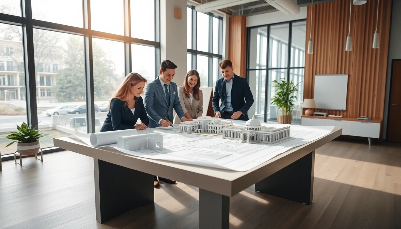 Showcasing construction design services in a bright, modern office space filled with blueprints and materials.