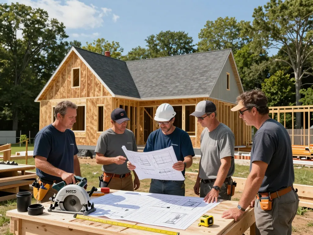 Construction team from Patco construction company collaborating on home building project in Southern Maine.
