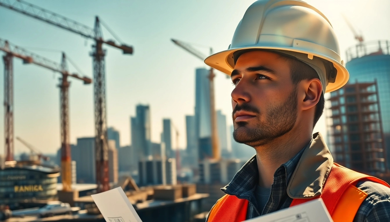 Construction career professional analyzing projects amidst a bustling city construction site.