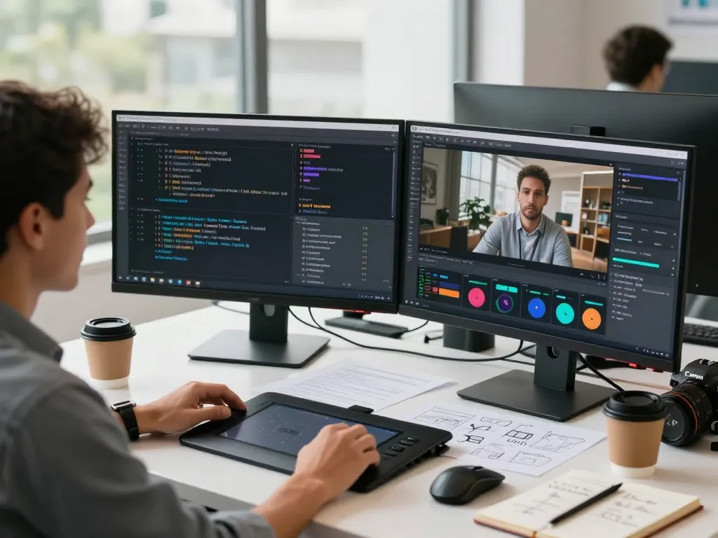 Video to promptgenerator scene featuring a digital marketer analyzing video content with AI prompts in a modern office.