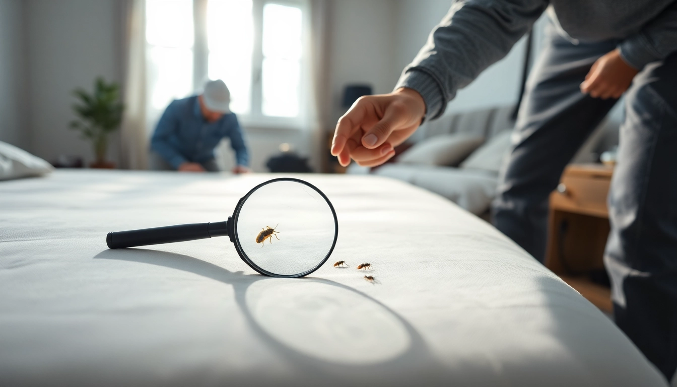 Waukesha bed bug exterminators thoroughly inspecting for bed bugs using a magnifying glass.