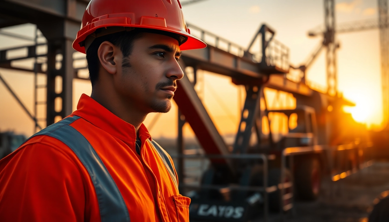 Un trabajador usando gorras de trabajo naranja en un sitio de construcción.