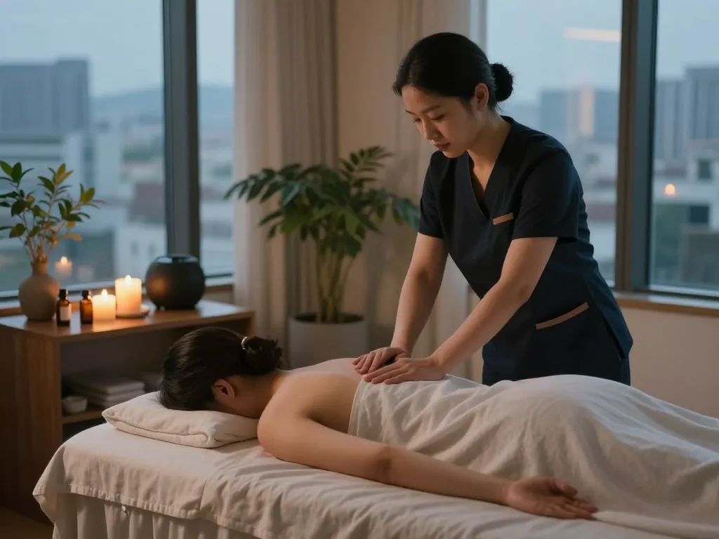Relaxing 인천 출장마사지 in a hotel room, highlighting a serene atmosphere with essential oils and soothing light
