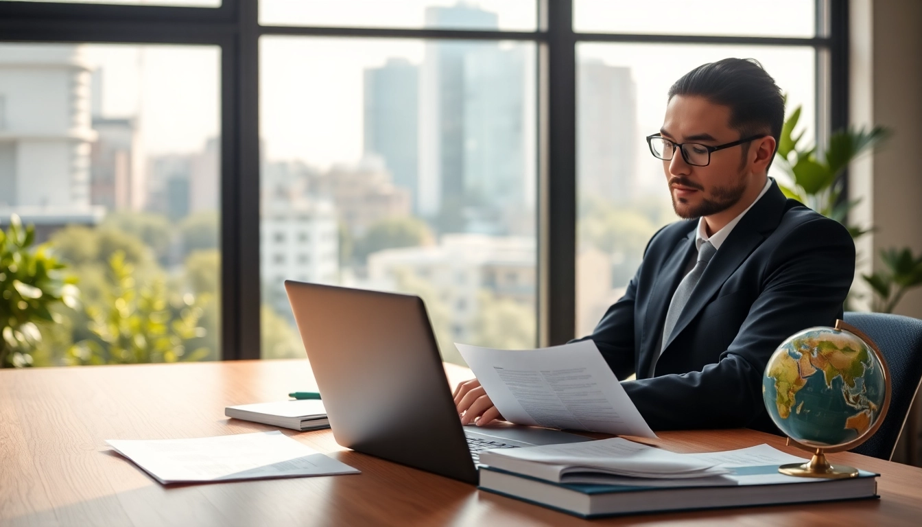 Environmental lawyer reviewing legal documents in a professional office environment.