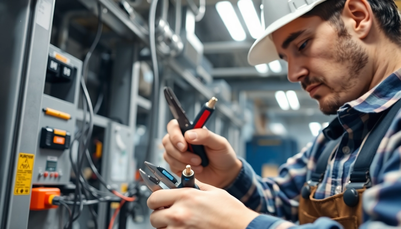 Electrician demonstrating skills during electrical apprenticeship in a bustling workspace.